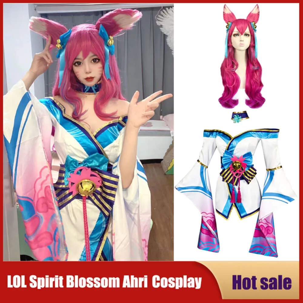 Cosplay ahri cosplay costume anime game lol spirit blossom league of legends klänning för kvinnor tjej wig halloween fest sexig kimono kostym