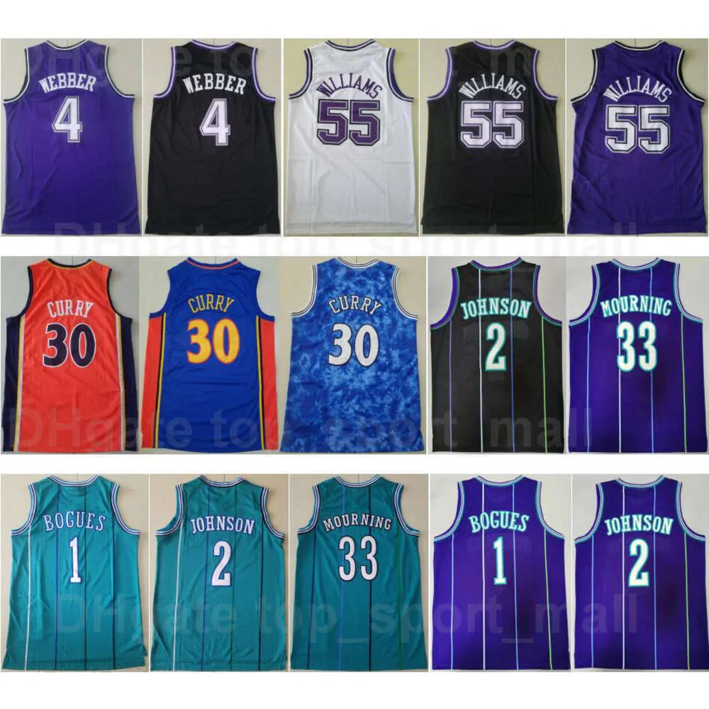 Vintage basket Chris Webber tröjor 4 Jason Williams 55 Stephen Curry 30 Tyrone Muggsy Bogues 1 Larry Johnson 2 Alonzo Mourning 33 Retro Uniform Throwback