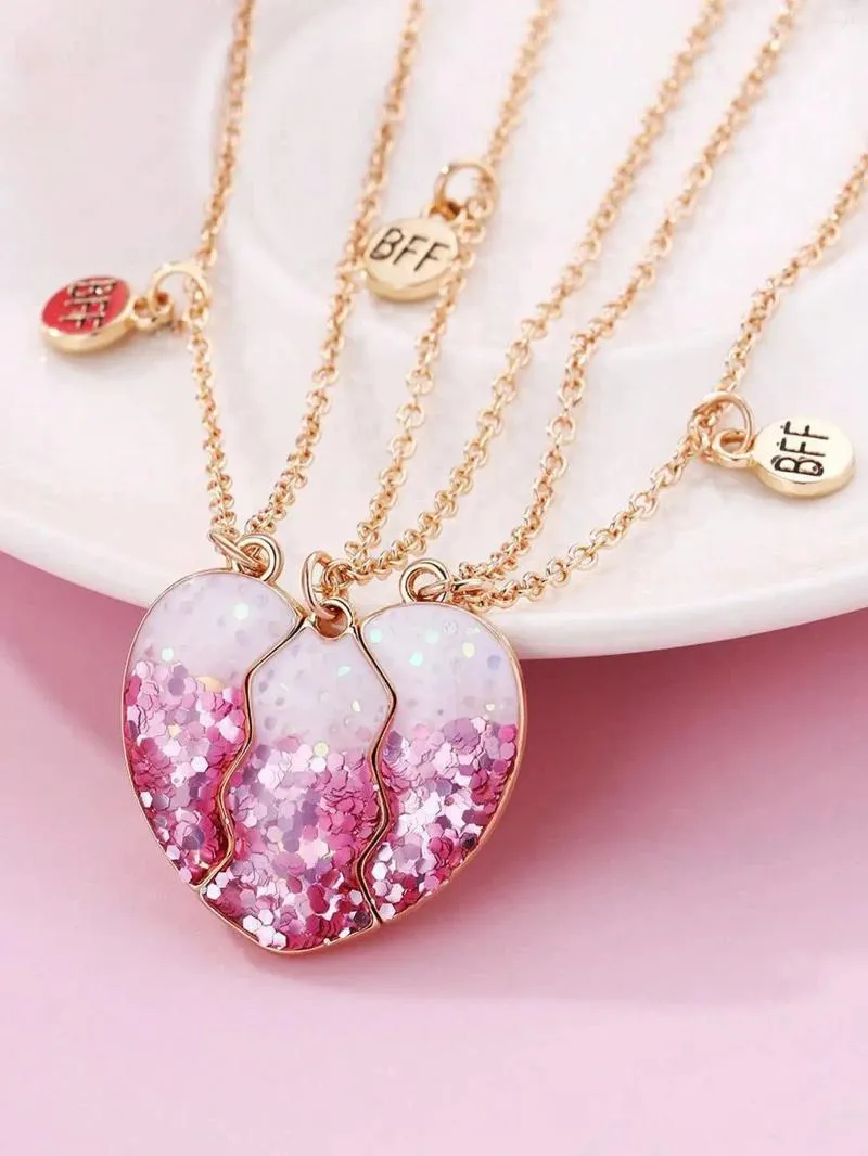 Pendentif Colliers 3pcs / Set Rose Paillettes Couture Coeur Brisé Amis Collier Chaîne BFF Amitié Bijoux Cadeaux pour Enfants