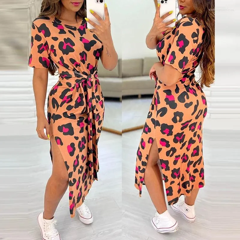 Party Dresses Summer Casual Short Sleeve O-neck Long Dress Sexy Leopard Print Dot Wrap Fashion Women Side Split Tie Belt