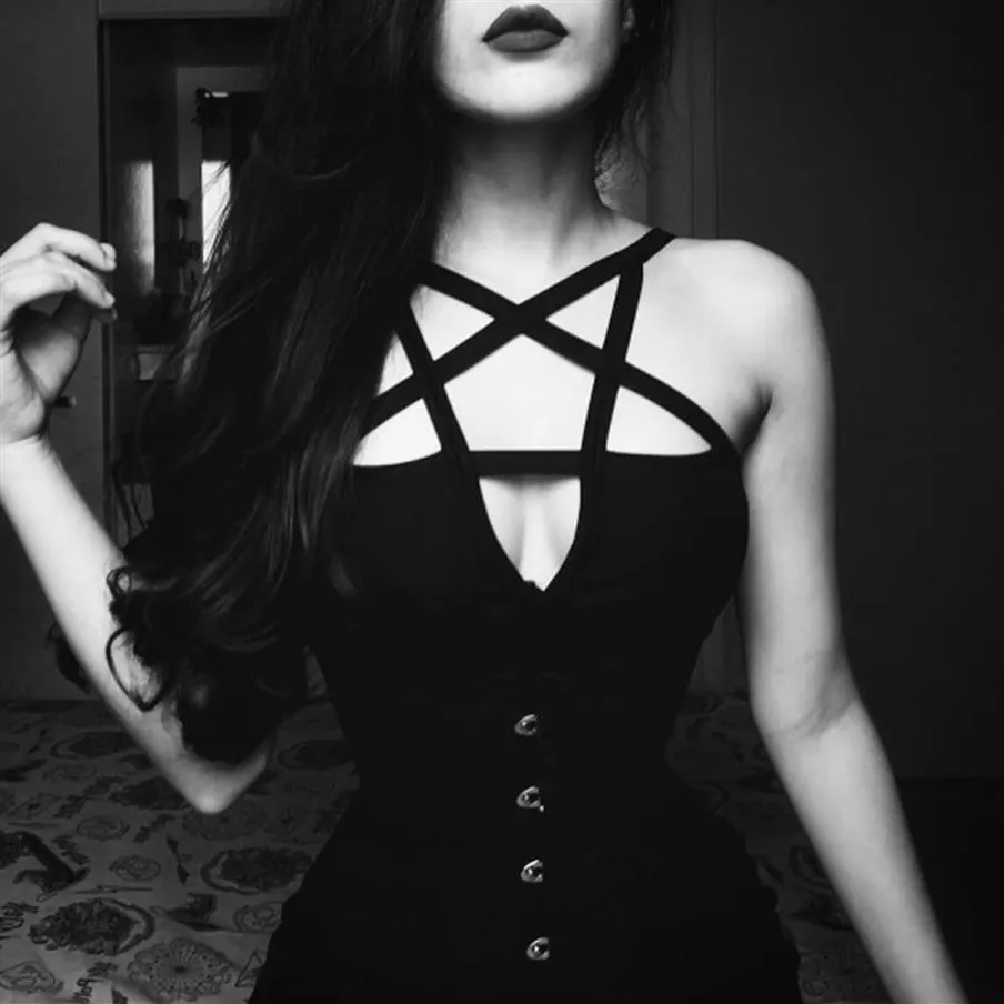 Kvinnor sexiga gotiska jumpsuits backless cross rand front design ihåliga ut pentagram romper svart ärmlös smal cami bodysuit2716