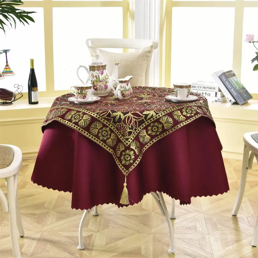 Toalha de mesa mais recente 2 pcsset redondo 140cm luxo lantejoulas ao ar livre moda crochê jacquard vinho tinto jardim toalha de mesa decoração 231019
