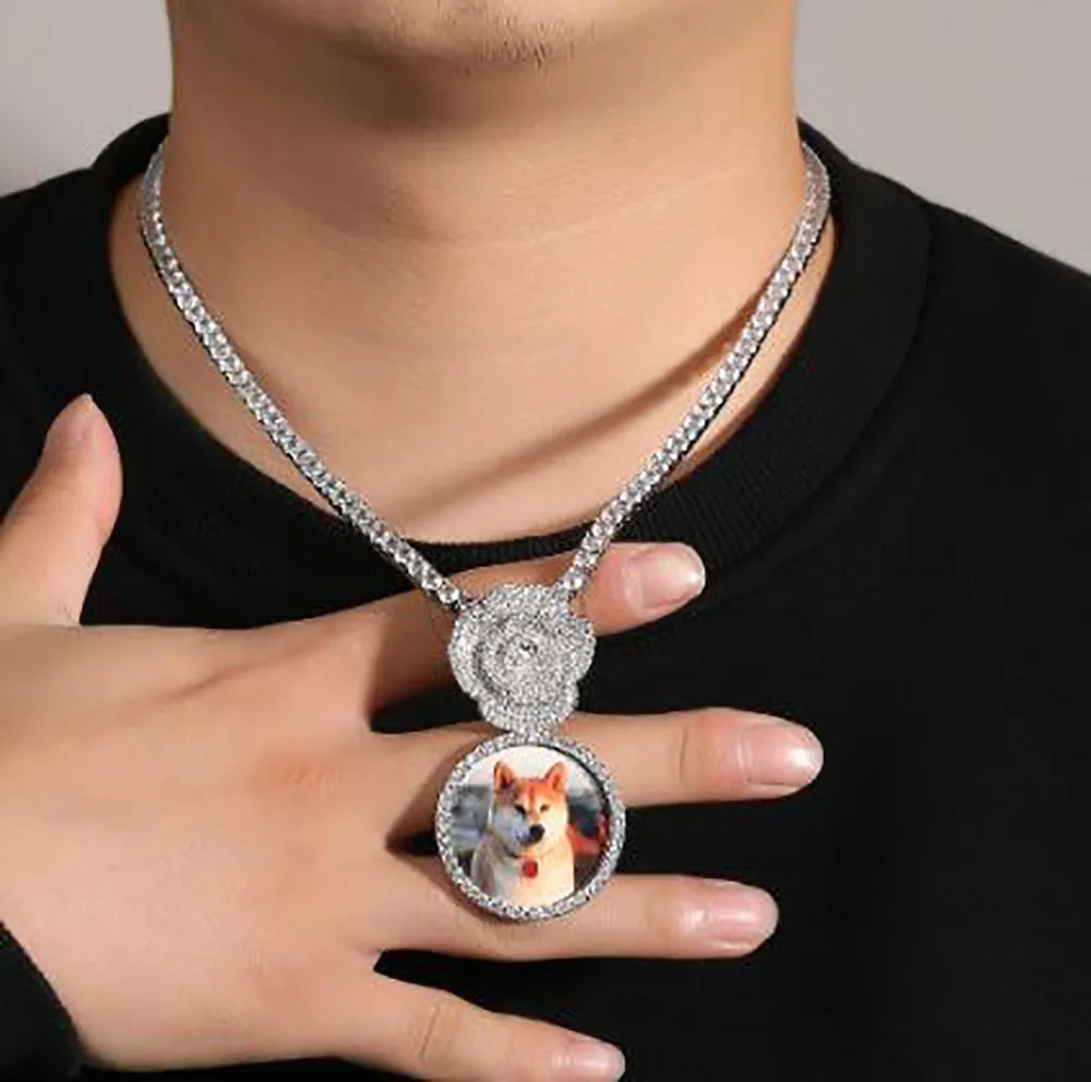 Män kvinnor anpassade små rose blomma foto medaljonger hänge halsband gåvor zirkonhänge hiphop smycken