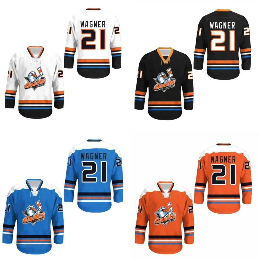 Top Stitch21 Maglia da hockey Wagner San Diego Gulls Qualsiasi giocatore o numero Nuove maglie da hockey di film cucite tutte cucite Bianco Rosso Blu Gratis