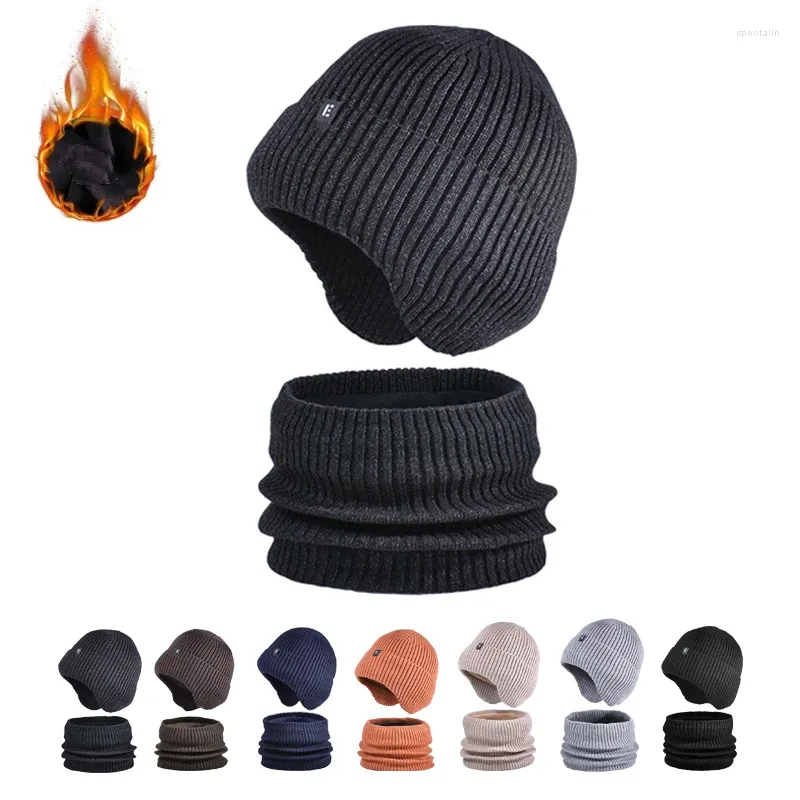 Bérets hiver chaud tricoté laine chapeau hommes velours écharpe ensemble femmes en plein air cyclisme oreille Protection casquette Skullies bonnets