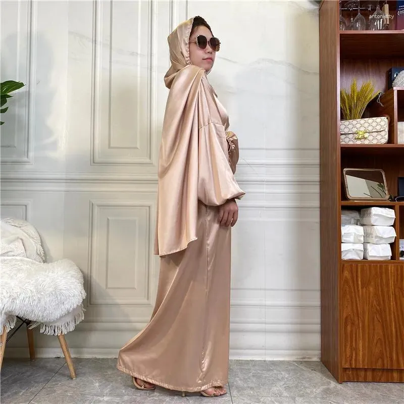 Vêtements ethniques Eid Mubarak Satin Musulman Femmes Abaya Hijab Maxi Robe Turquie Arabe Islam Dubaï Djellaba Afrique Ramadan Kaftan Robe Jalabiya