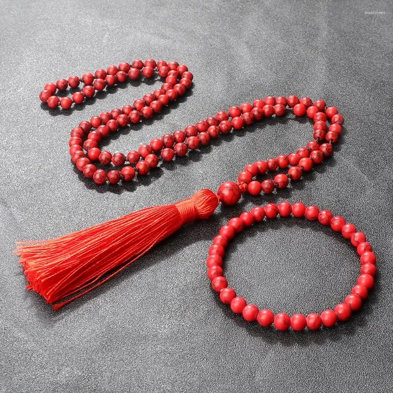 Pendentif Colliers 6mm Rouge Howlit 108 Collier de perles Bracelet pour femmes Hommes Naturel Fait à la main Bohème Bénédiction Glands Bijoux Yoga Cadeau