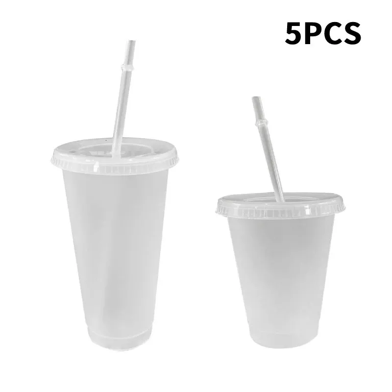 Tasses 5 pièces 16/24 oz gobelet avec couvercles et pailles bouteille d'eau en plastique réutilisable paille tasses à café été gobelet d'eau froide tasses de paille 231020