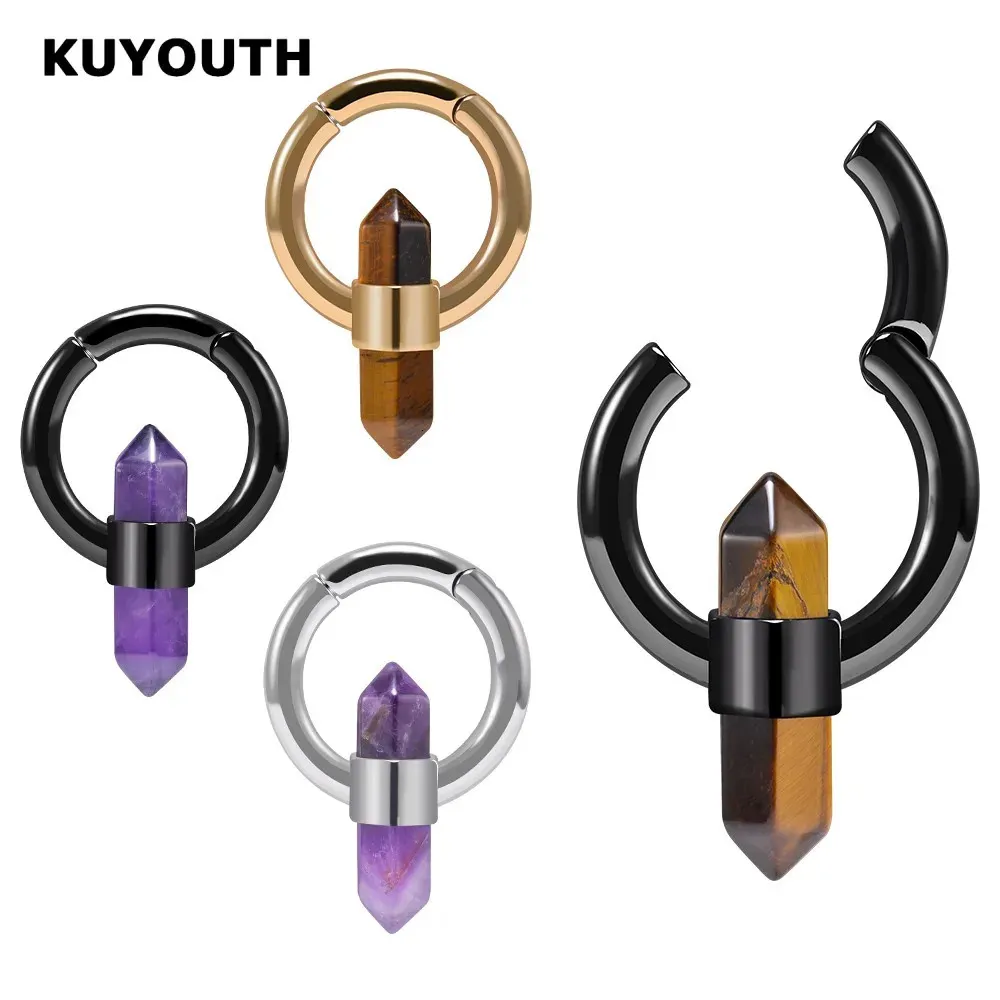 Stud Kuyouth Dernières en acier inoxydable Améthyste Oeil de tigre Pierre Pilier Aimant Oreille Poids Jauges Bijoux Boucle d'oreille Piercing Civières 2PCS 231020