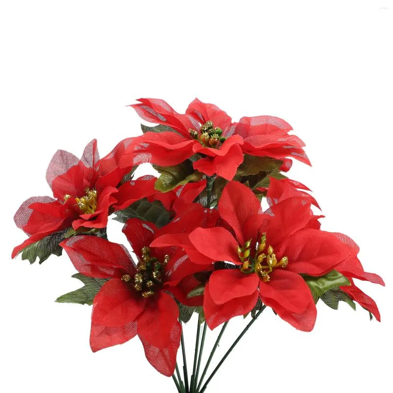 Flores decorativas Artificial Poinsettia Bouquet Simulação de plástico Ramos de flores com folha de seda Natal Xmas Festival Decoração de casa Fornecimento