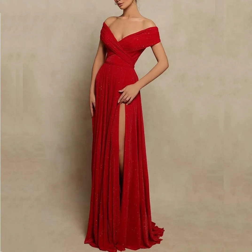 Robe de bal florale rouge Boho, épaules dénudées, paillettes, sans manches, décolleté en V profond, fente latérale, ligne a, appliques en dentelle, robes de soirée