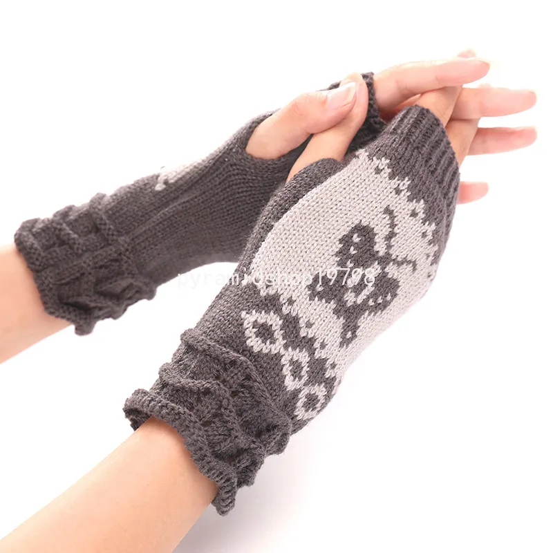 Mode fingerfria stickade handskar för kvinnor flickor fjäril halvfinger cykling varma handskar metts vinter arm ärm