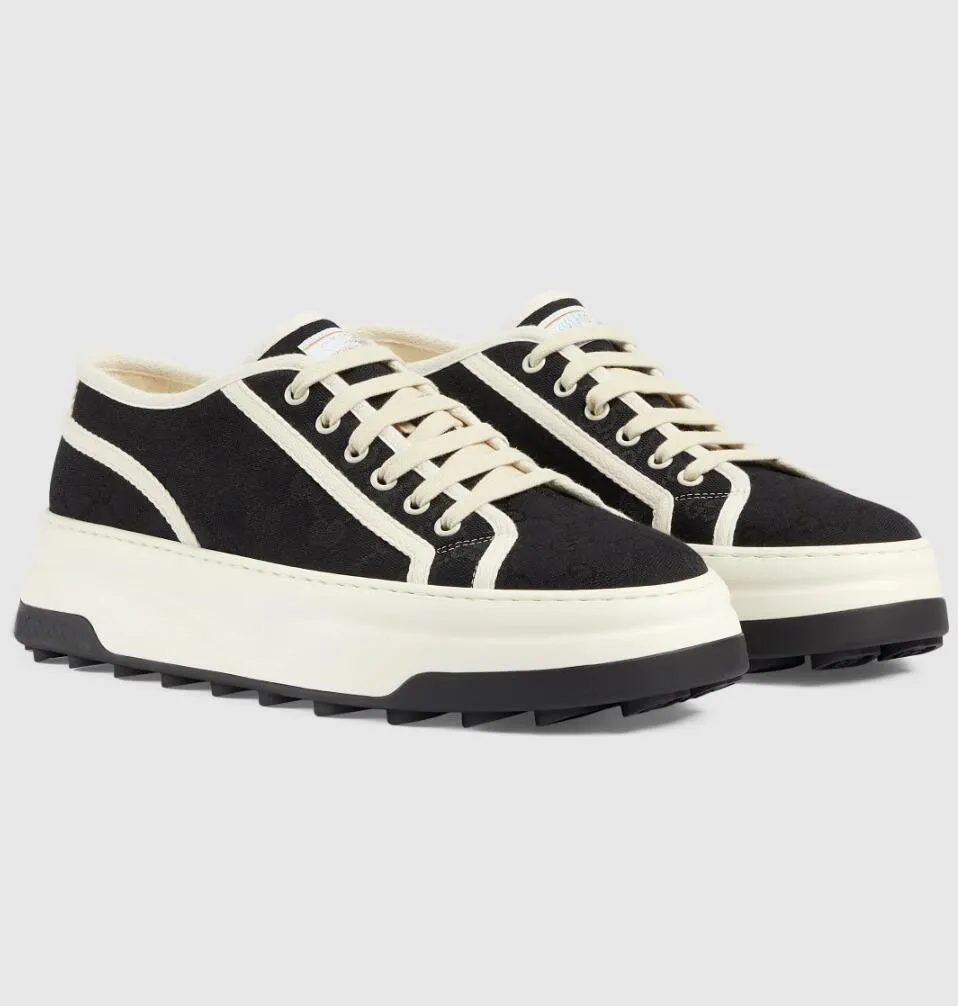 Berömda design Tennisbanor Lås ut tränare Skor Kvinnor Män Chunky Sole Party Wedding Canvas Leather Par Sneakers Platform Skateboard Walking EU35-46