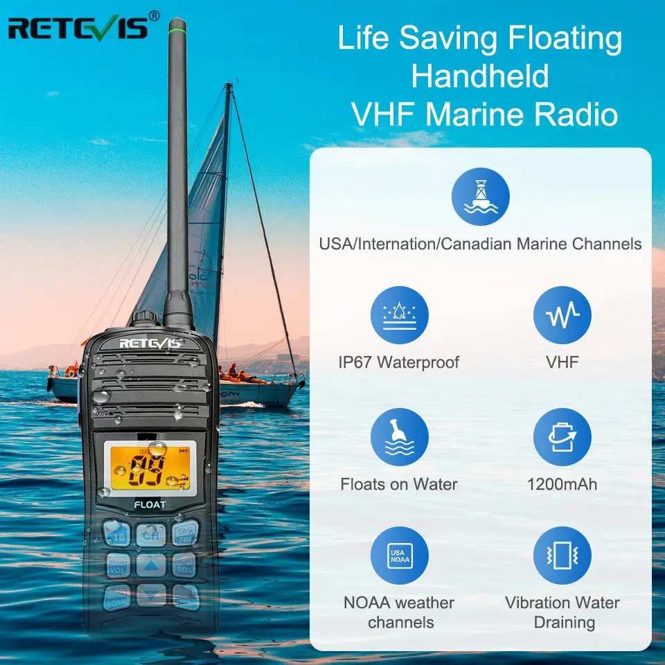 Walkie Talkie RETEVIS VHF Marine Radio RT55 Professionele vlotter Waterdicht Tweeweg NOAA weerswaarschuwing 5W 231019