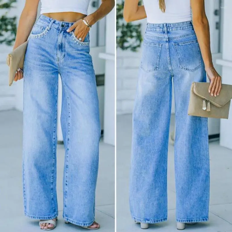 Dames Jeans Hoge Taille Bloemblaadje Zakken Knop Rits Vrouwen Rechte Wijde Pijpen Gewassen Casual Denim Broek Streetwear Vaqueros Pantalones