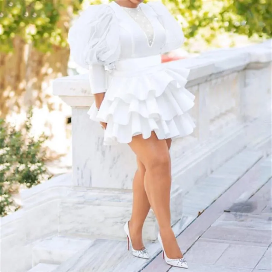 Plus Size Dresses African Women White Party Dress Vintage Puff Sleeve Cute Ruffle Tiered Layered Summer Spring Ladies Club Mini319v