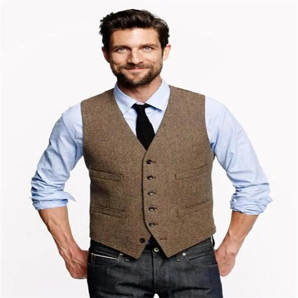 Gilet da uomo 2021 Gilet da sposo in lana marrone a spina di pesce Abito da sposo formale per gilet da sposa Taglie forti260E