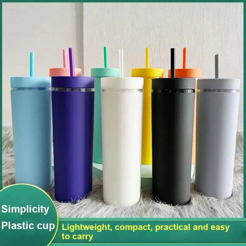 Mugs 500ml Double-layer Straws Cup With Lid Matte Candy Color Mug Plastic Coffee Drinking Tumblers Reusable Drinkware Christmas Gifts 231020