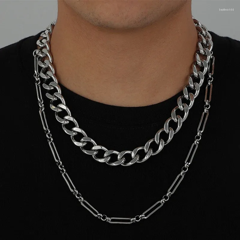 Chains Heavy Double Layer Men Cuban Chain Necklace Set Hiphop Trendy Stainless Steel Male Neck Choker Personalized Cool Fashion Jewelry