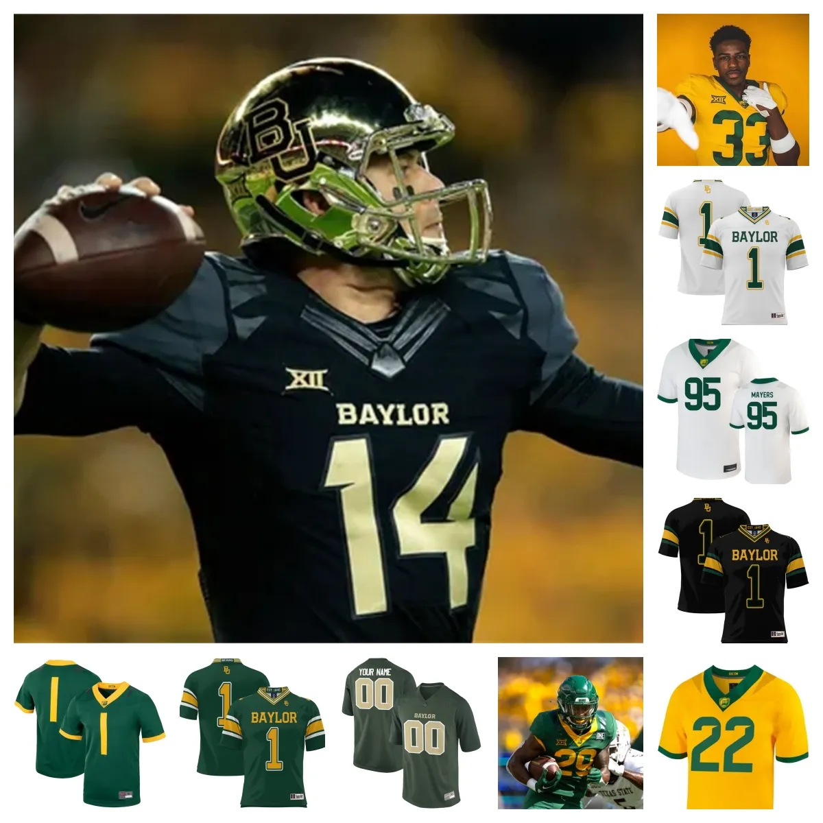 Футбольная майка Baylor Bears 2023 48 Тревен Мааэ 93 ДК Калу 29 Ричард Риз 59 Девонте Тезино 24 Кори Гордон младший 55 Гармон Рэндольф 57 Уэс Такер 92 Трент Томас