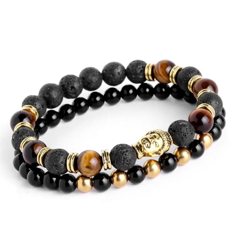 2pcs set Mens Bracelets Lava buddha bracelet For Men Natural Stone Beads Gift Religion Yoga pulseras pulseira masculinaGift holid251U