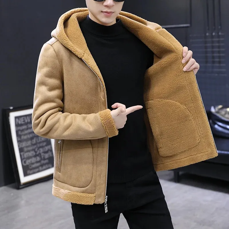 Männer Leder Faux Winter Herren Jacke Mit Kapuze Warme Thermische Lamm Fleece Jacken Plus Größe 7XL Doppelseitige Männliche Mantel verdicken Streetwear Khaki 231020