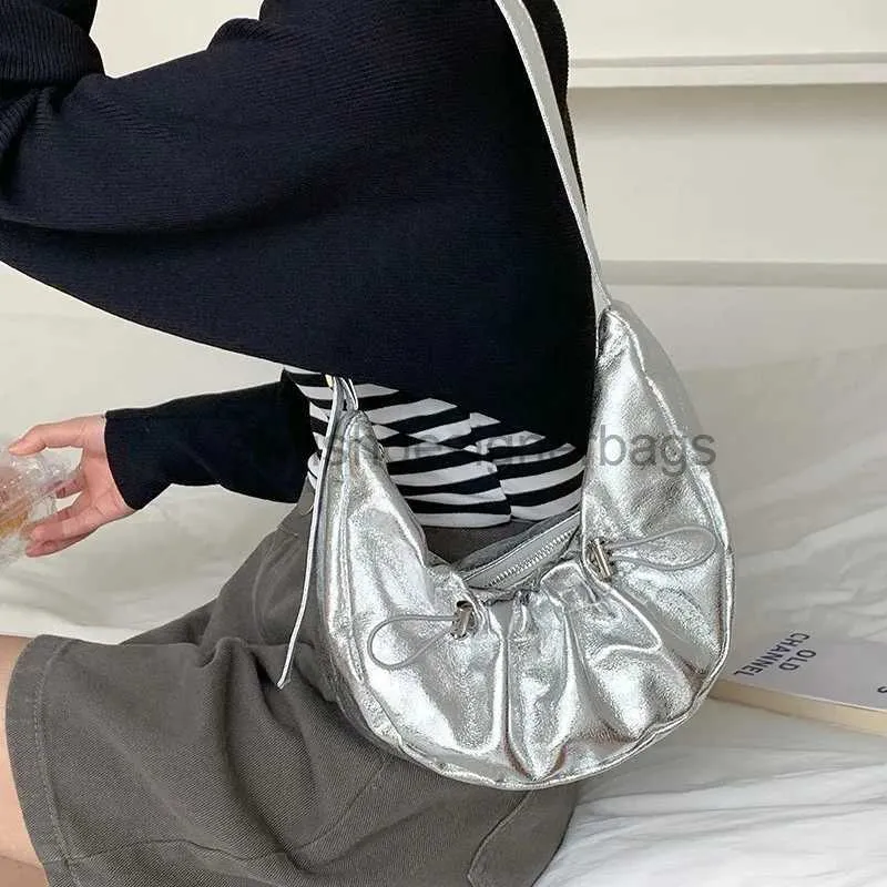 Sacs à bandoulière Sac à main froncé argenté pour femmes, cordon de serrage, fermeture éclair, demi-lune, sous les bras, bourse souple, sacs à bandoulière de luxe, nouvelle tendance 2023stylishdesignerbags