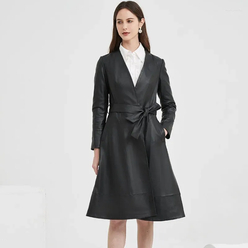 Damen Leder 2023 Frühling Frauen Lange Trenchcoat Büro Damen Gürtel Echte Jacke Herbst Windjacke Elegante Natürliche Schaffell