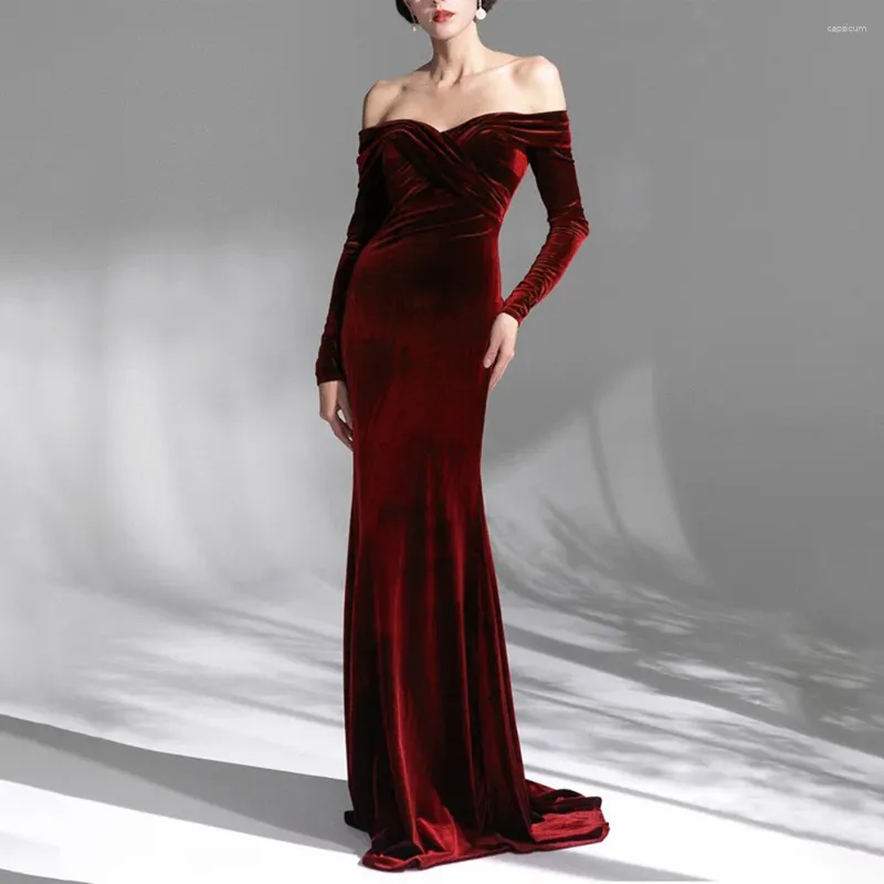 Casual Dresses Luxury Burgundy For Women Off The Shoulder Full Sleeve Bodycon Floor Length Elegant Evening Birthday Party Vestidos