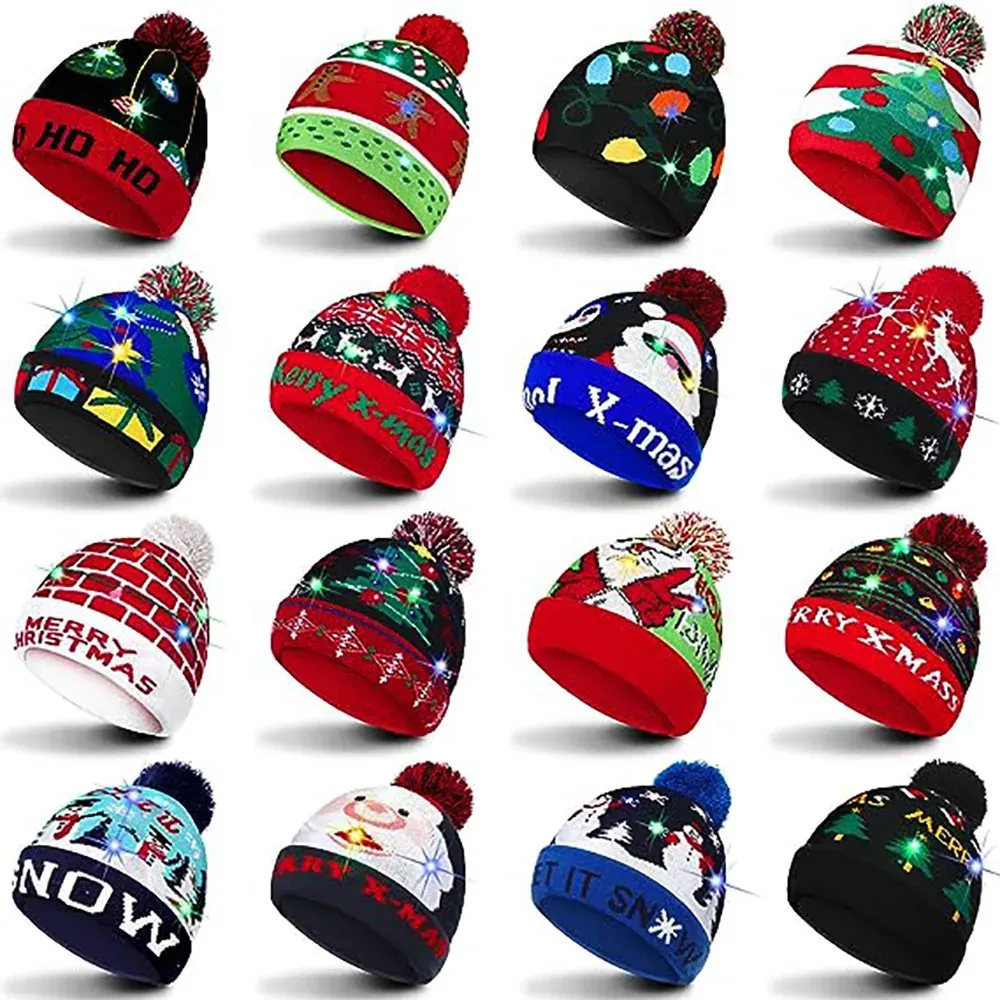 Sombreros de fiesta 5/10/15/20 piezas Gorro de Navidad con luz LED Suéter de nieve de invierno Gorro de punto con luces para niños adultos Suministros para fiestas de Navidad 231020