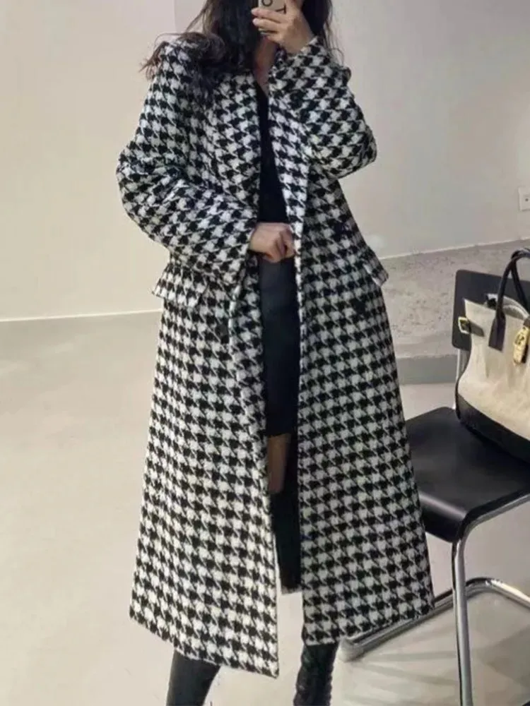 Women's Wool Blends Korean Fashion Women Long Plaid Woolen Coat Autumn Winter Casual Loose Elegant Houndstooth Jacket Female Chic Vintage Overcoat 231020