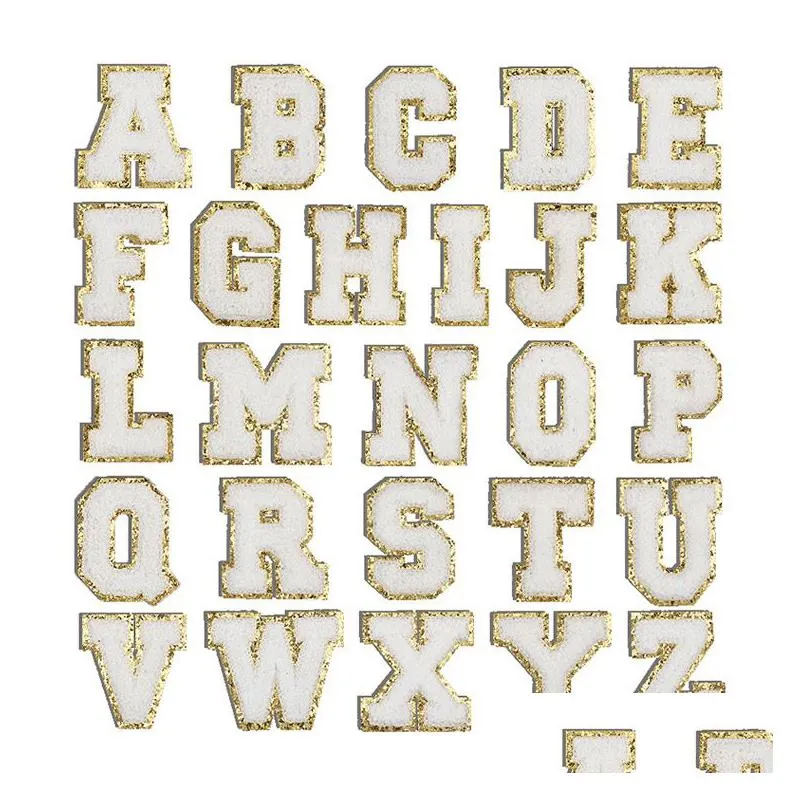 Notions White Letters Sequinses Towel Embroidered Alphabet Chenille Sew On For Diy Accessories Applique With Glitter Letter A-Z Dro