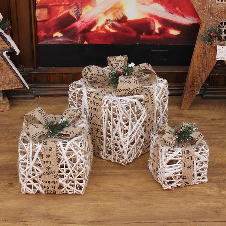 Christmas Decorations Wrought Iron Stand Bow Decoration Christmas Box Stacking 3-Pieces Gift Sets Decoration