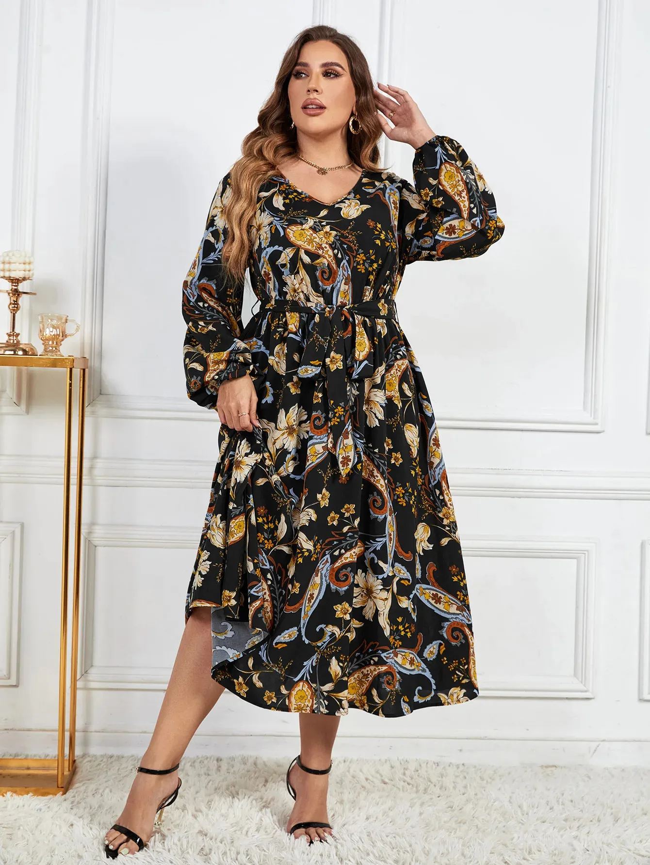 Plus size Dresses XL-4XL Autumn and winter Vintage plus-size dresses loose slimming casual V-neck long-sleeved Paisley printed dress 231021