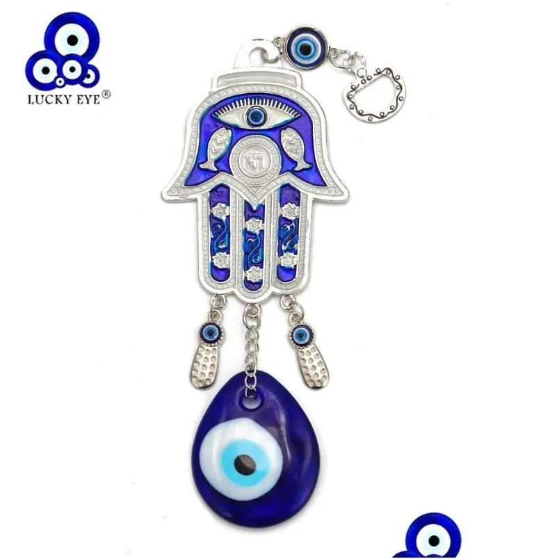 Sleutelhangers Lanyards Lucky Eye Hamsa Glass Evil Charm Sleutelhanger Sier Kleur Autosleutelhanger Muurhangende Sieraden Voor Vrouwen Mannen Ey6 Dhtvj