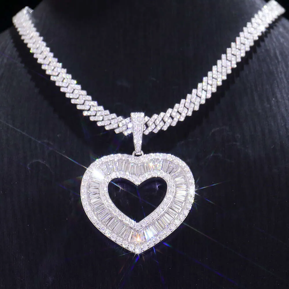 Custom Rapper Miami Cuban Link Chain Necklace with Heart Pendent 925 Silver Necklace Iced Out Hip Hop Jewelry Chain