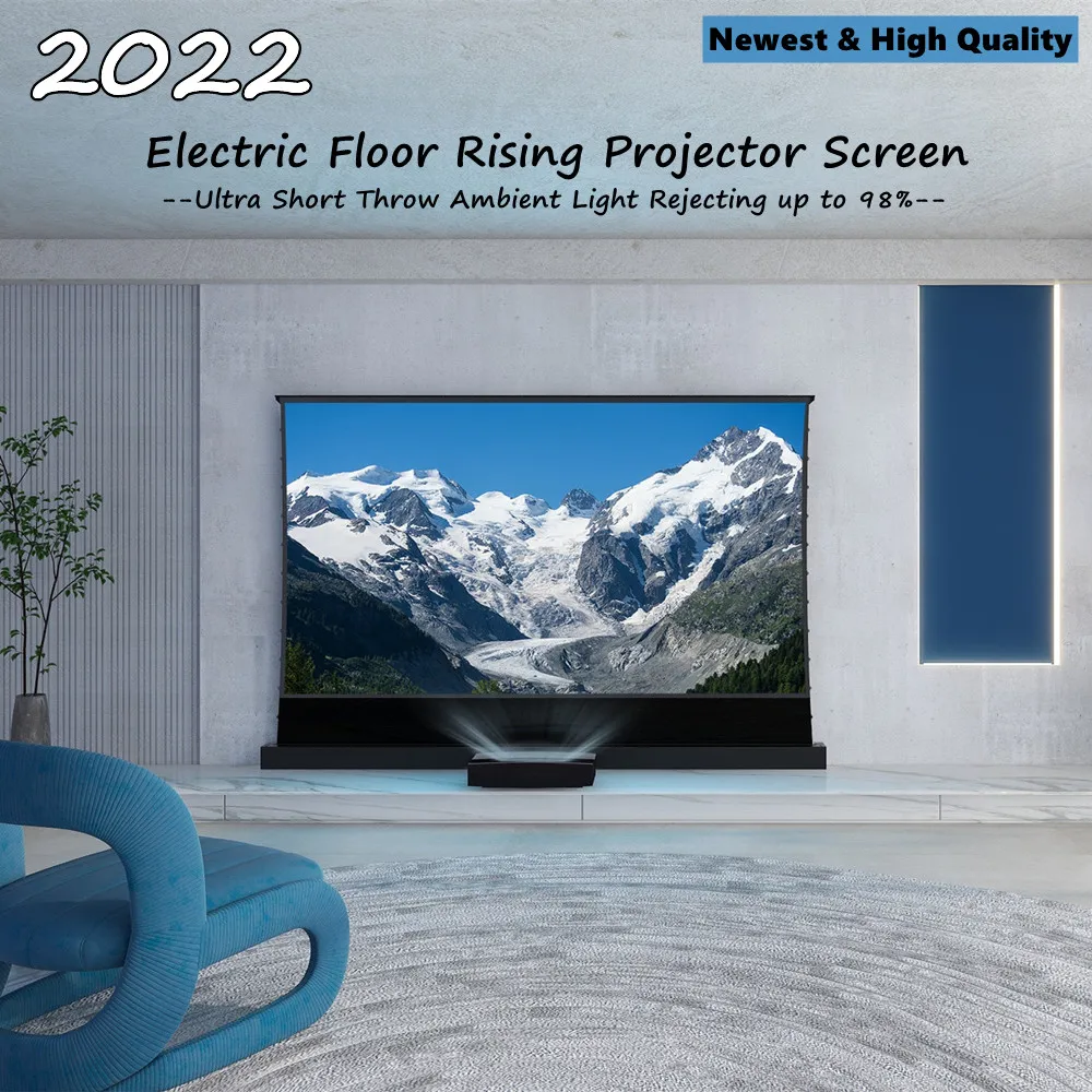 Electric Free-Standing Floor Rising Projector Screen with Ceiling Ambient Light Rejecting Up to 98% Front Projection screen 16:9 100'' 120'' for home cinema 8K projector