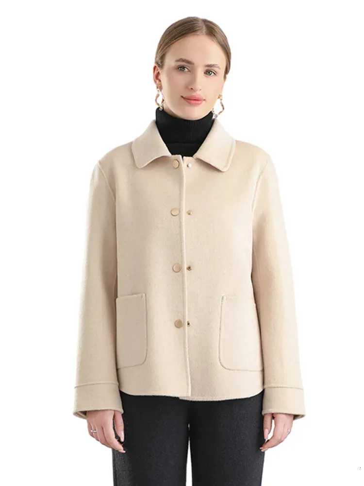 Women's Wool Blends 2023 100 Tops Coat TurnDown Collar Short Overcoat Woolen Jacket Hand Sewing Autumn Blazer Snaps Button 18 231020