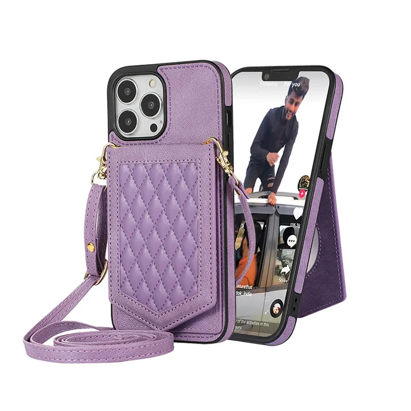 Capas de telefone celular Apple para iPhone 15 14 12 Plus Pro Max Ultra 13 Suporte para celular Espelho Design Premium Crossbody Capas de telefone de luxo Dobrável Lanyard Card Pocket Bag