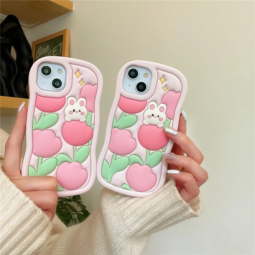 Cell Phone Cases Japan cartoon 3D cute tulip flower rabbit pink silicone phone case for iPhone 14 Pro Max 11 12 13 soft shockproof cover 231021