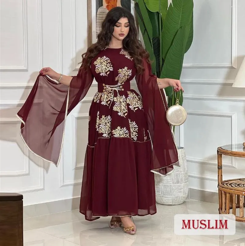 Vêtements ethniques Femmes musulmanes Abaya Broderie Ceinturée Soirée Marocaine Kaftan Dubaï Mesh Robe Turc Dames Robe Musulman