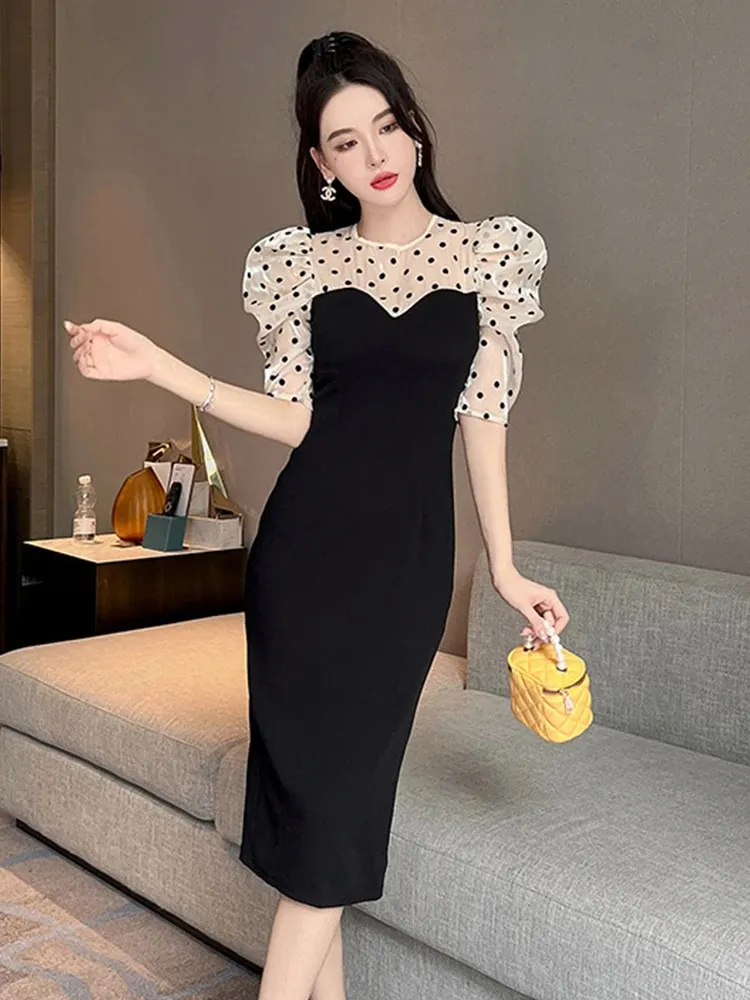 Vintage Dot Organza Midi Dress for Women - Elegant Summer Party Wear with Knitting Patchwork, O-Neck, Slit, and Slim Fit