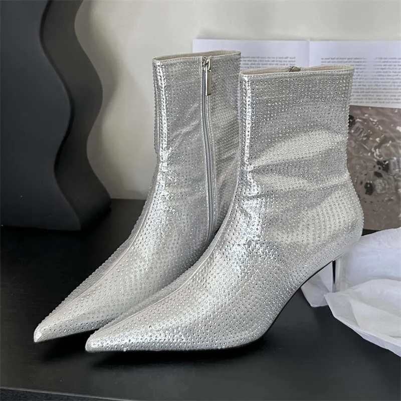 Moda sexy cristal zíper costurado tornozelo botas mulheres apontou toe saltos finos vestido de festa ocidental zapatos 230922