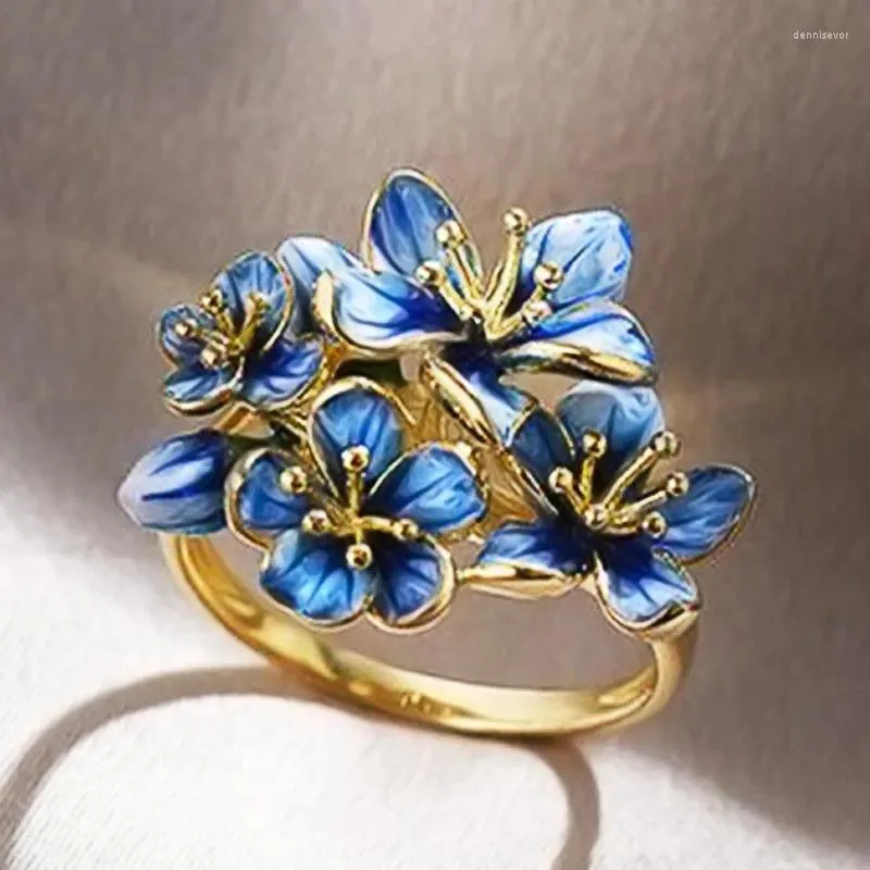 Küme halkaları vintage bayanlar alyans yüzüğü lüks altın renk gelin mavi emaye çiçek kadınlar için bohemia moda takı hediyesi