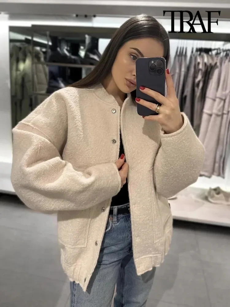 Womens Wool Blends TRAF Women Fashion With Pockets Oversized Bomber Jacket Coat Vintage Long Sleeve Snap Button Female Outerwear Chic Tops 231021