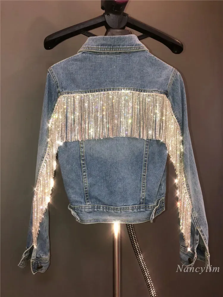 Womens Jackets Bling Rhinestone Tassel Chain Short Denim Jacket Woman Slim Blue Lapel Ladies Jean Coat Chaqueta Mujer 231021