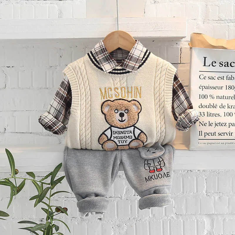 Pullover Kinder Designer Kleidung Plaid Kragen Bär Pullover Baby Jungen Pullover Strickwaren Jumper Gefälschte zwei Stücke Kinder Mantel Q231021