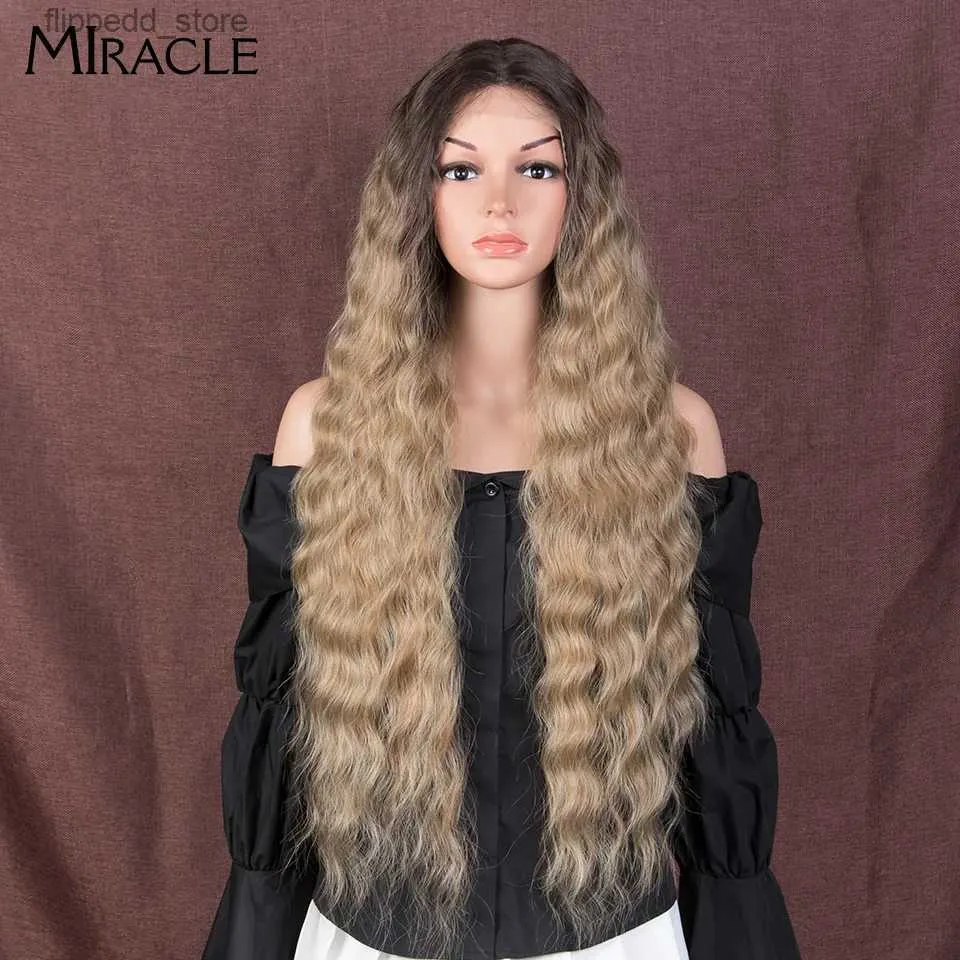 Syntetiska peruker Miracle Syntetisk spets peruk för svarta kvinnor Deep Wave Curly Wig Blonde Cosplay Wig 30 Inbre spetsspetsar Högtemperatur Fiber Q231021