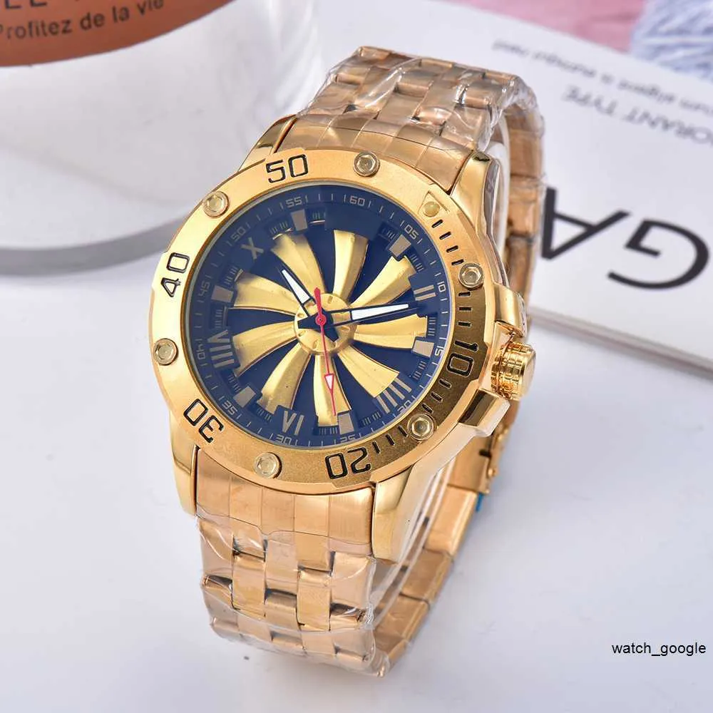 Herrenuhren für brasilianische Goldfarbe, Quarzwerk, Windmühlen-Zifferblatt, Splash-Armbanduhr, Edelstahl-Stap-Gehäuse, drehbare Lünette, Sport-Analoguhr, Montre De Luxe