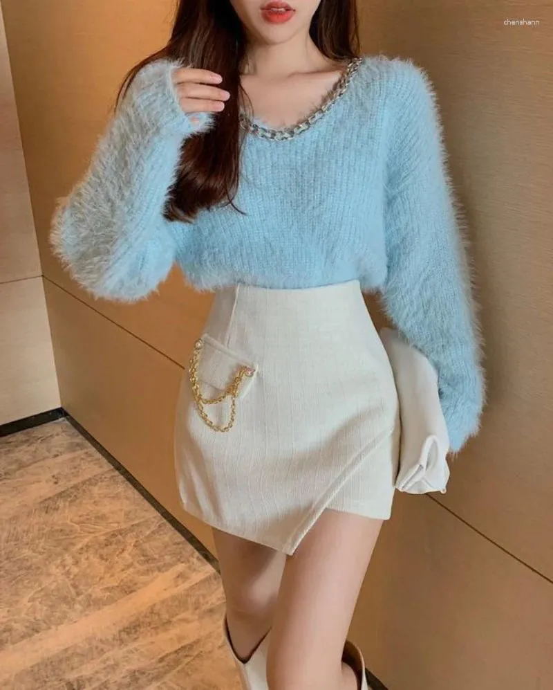 Kadın Sweaters 2023 Yumuşak polar mahsulü Tatlı Vahşi İnce Fit V Boyun Zinciri Sweater Kadın Koreli Knit Kırpılmış Pembe Bahar Tiftik